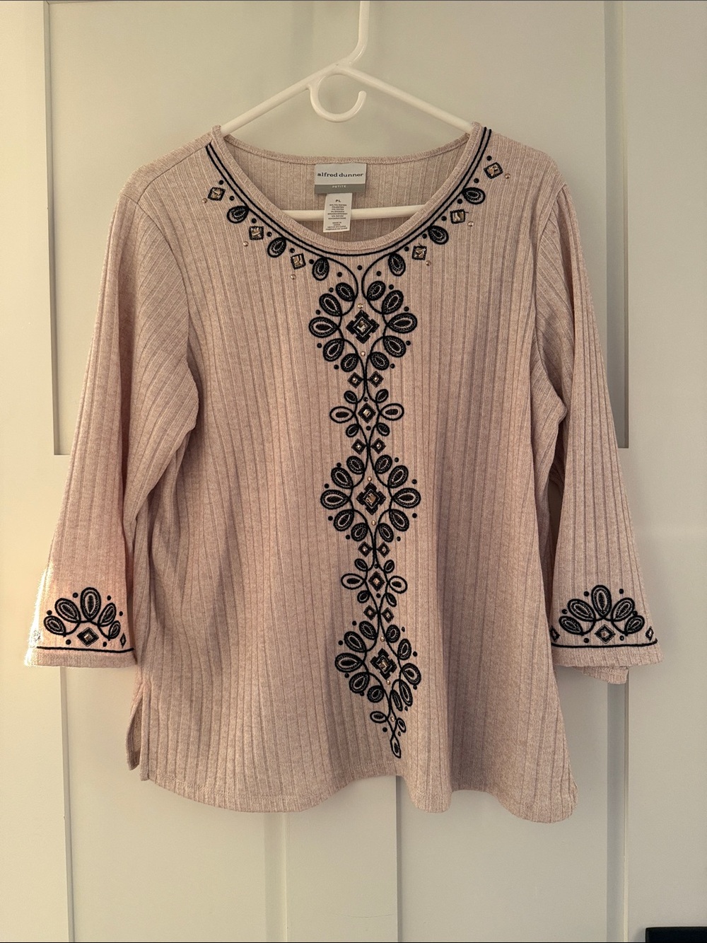 Alfred Dunner Beige Ribbed Top with Black Embroidery